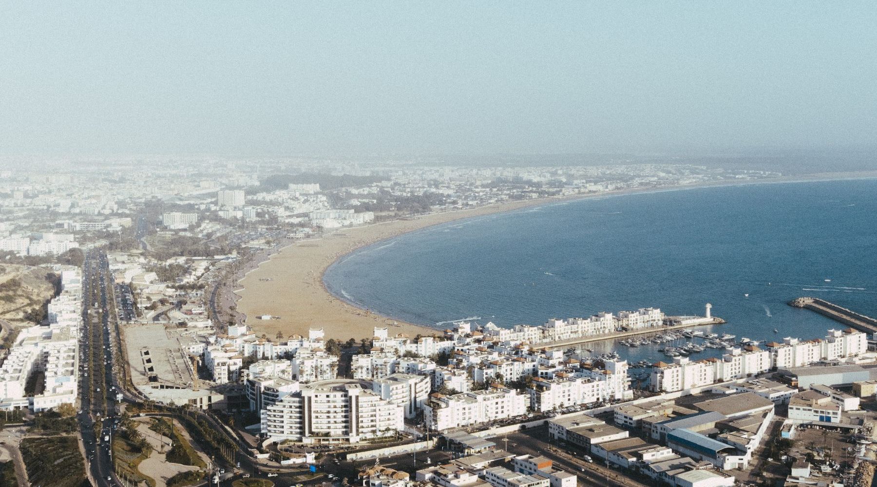 Aerial view of Agadir beach and coastline in Morocco