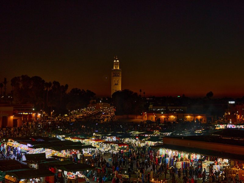 Night market stalls on Jemaa el-Fna square in Marrakech