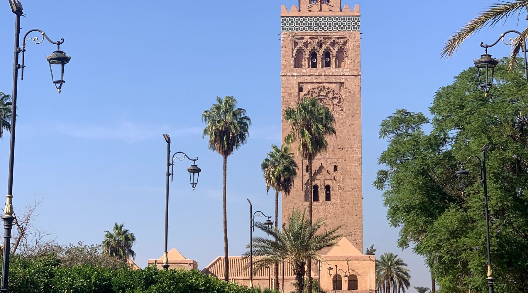 The Koutoubia minaret framed by palm trees in Marrakech
