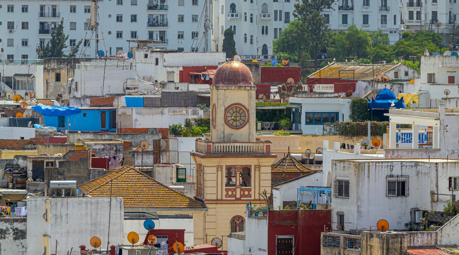 Rooftops and the clock tower of Tangier, Morocco